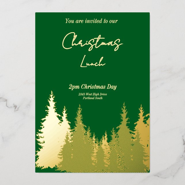 Invitation En Aluminium Gold Foil Green Pine Tree Noël (Recto)