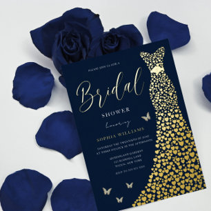 Invitation En Aluminium Gold Foil Heart Gown with Navy Bridal Shower