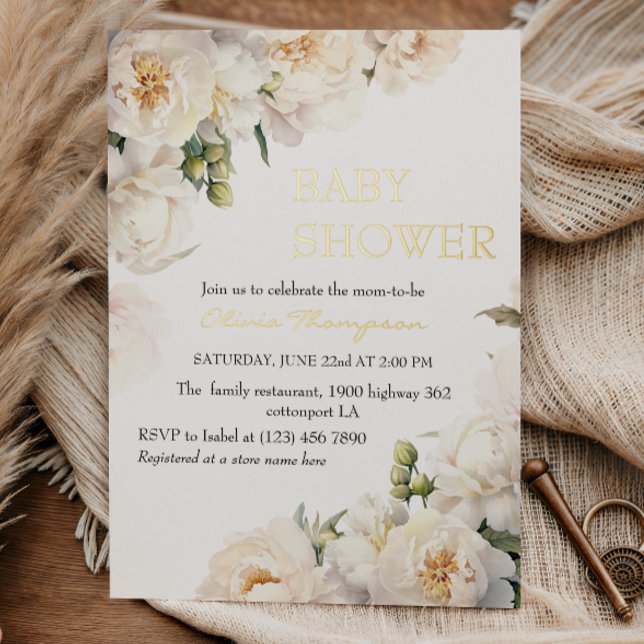 Invitation En Aluminium Gold Foil Ivory Peony Elegant Baby Shower (Créateur téléchargé)