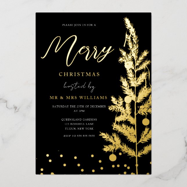 Invitation En Aluminium Gold Foil Joyeux Noël Party Arbre doré (Recto)