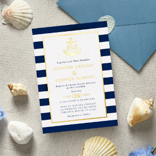 Invitation En Aluminium Gold Foil Marine Ancre Mariage