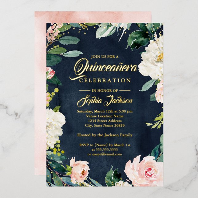 Invitation En Aluminium GOLD FOIL Marine Blush Floral Wreath Quinceanera (Recto/Verso)