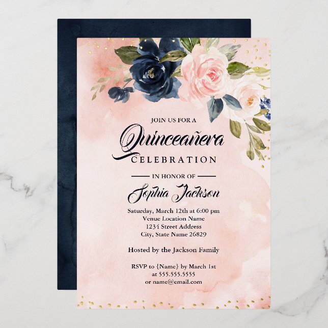 Invitation En Aluminium GOLD FOIL Marine Blush Rose Floral Quinceanera (Recto/Verso)