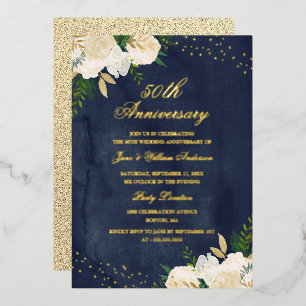 Invitation En Aluminium GOLD FOIL Marine Gold Floral 50e Anniversaire