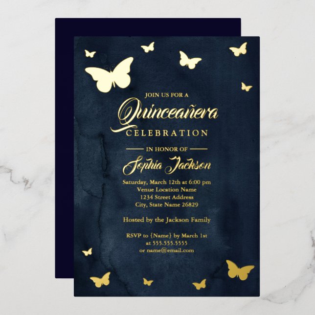 Invitation En Aluminium GOLD FOIL Marine Papillon Quinceanera Foil (Recto/Verso)