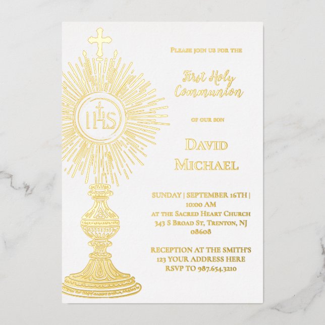 Invitation En Aluminium Gold foil monstrance | First Holy Communion (Recto)