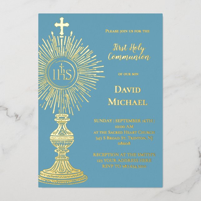 Invitation En Aluminium Gold foil monstrance First Holy Communion (Recto)