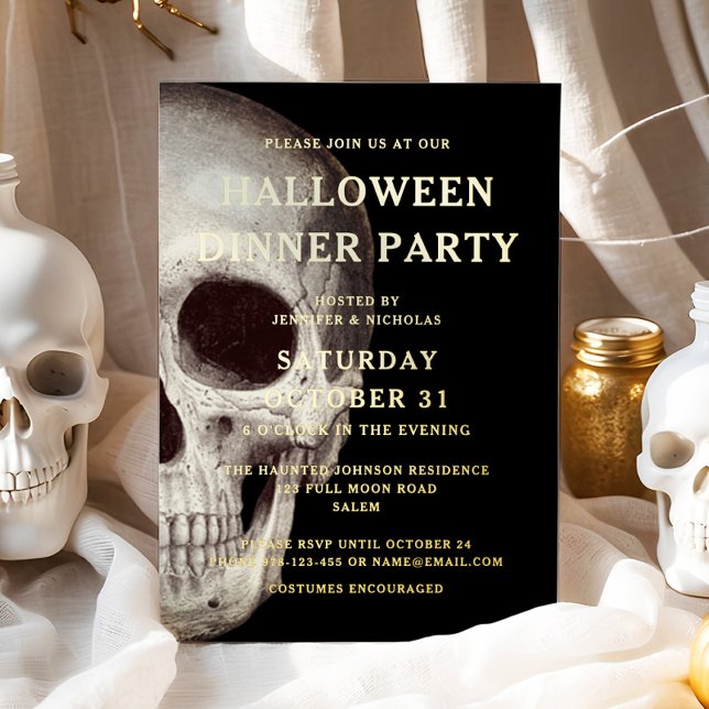 Invitation En Aluminium Gold Foil mort crâne Halloween Dîner (Gold Foil Dead Skull Halloween Dinner Party Foil Invitation)