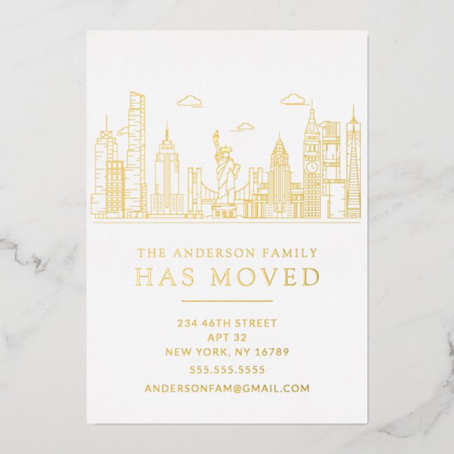 Invitation En Aluminium Gold Foil New York Cityscape Moving (Recto)