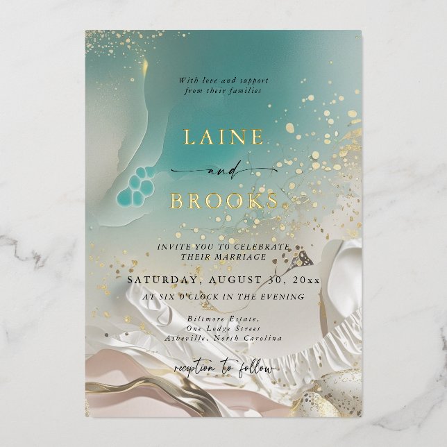 Invitation En Aluminium Gold Foil Ocean Tide Ethereal Shoreline Wedding (Recto)