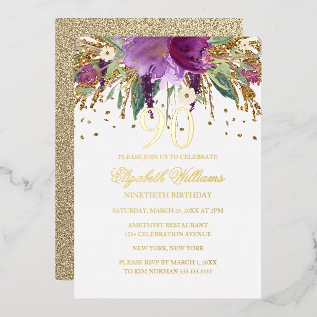 Invitation En Aluminium GOLD FOIL Parties scintillant florale Améthyste 90 (Recto/Verso)
