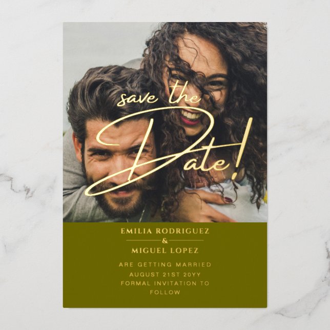 Invitation En Aluminium GOLD FOIL PHOTO Overlay Mariage Enregistrer la dat (Recto)