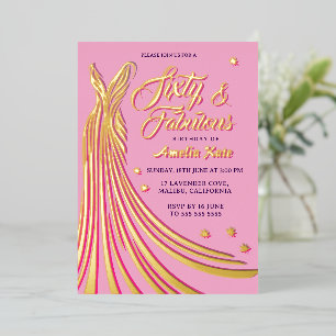 Invitation En Aluminium Gold Foil Pink Gown 60e fête d'anniversaire Real