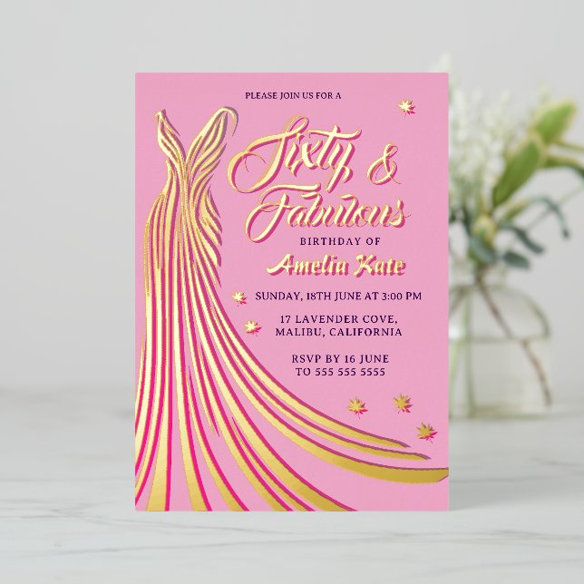 Invitation En Aluminium Gold Foil Pink Gown 60e fête d'anniversaire Real (Debout devant)