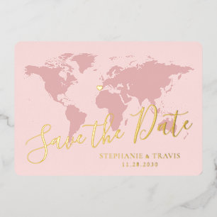 Invitation En Aluminium Gold Foil Pink World Map Destination Enregistrer l
