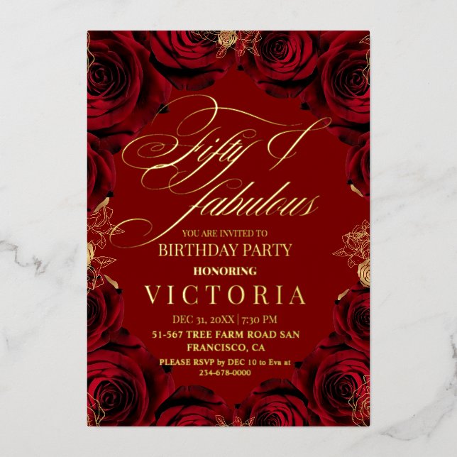 Invitation En Aluminium Gold Foil & Red Rose 50e & fabuleux anniversaire (Recto)