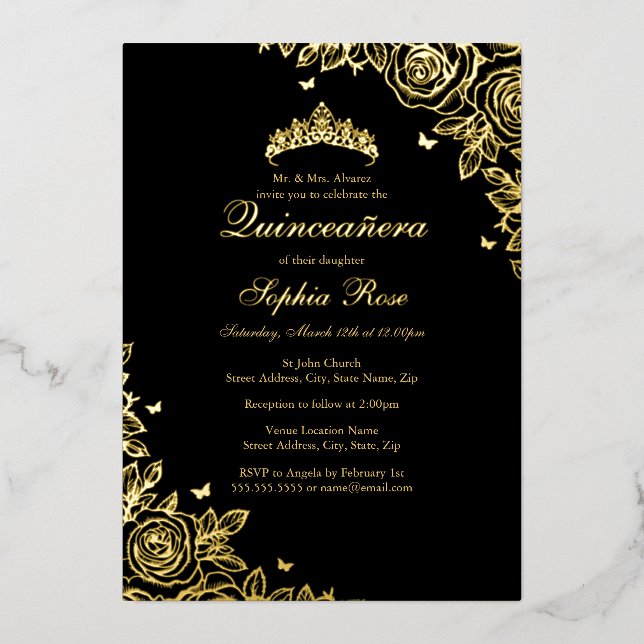 Invitation En Aluminium Gold Foil Rose Black Quinceanera Anniversaire (Recto)