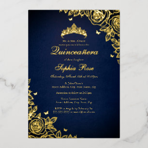Invitation En Aluminium Gold Foil Rose Marine Quinceanera Anniversaire
