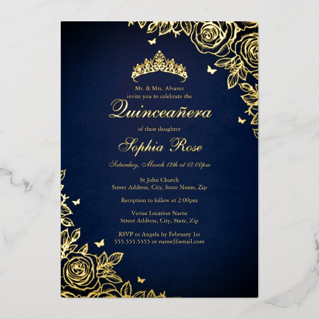 Invitation En Aluminium Gold Foil Rose Marine Quinceanera Anniversaire (Recto)