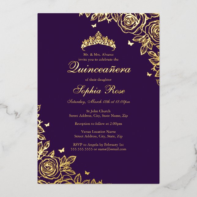 Invitation En Aluminium Gold Foil Rose Purple Quinceanera Anniversaire (Recto)