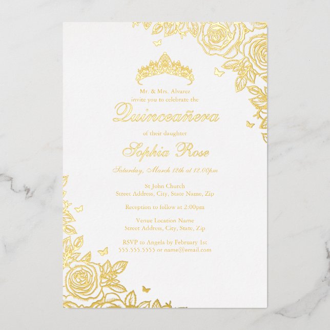 Invitation En Aluminium Gold Foil Rose Quinceanera Anniversaire (Recto)