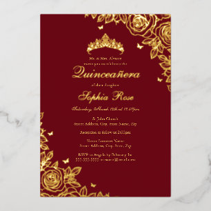 Invitation En Aluminium Gold Foil Rose Red Quinceanera Anniversaire