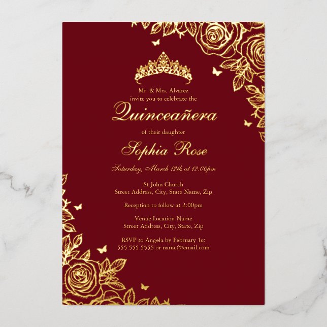 Invitation En Aluminium Gold Foil Rose Red Quinceanera Anniversaire (Recto)
