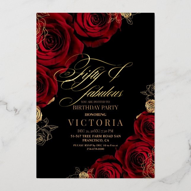 Invitation En Aluminium Gold Foil Rose rouge Floral Cinquante-ème annivers (Recto)