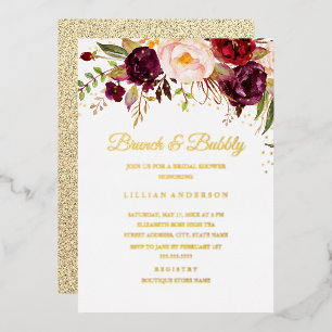 Invitation En Aluminium GOLD FOIL Rouge Bourgogne Floral Brunch Et Bubbly