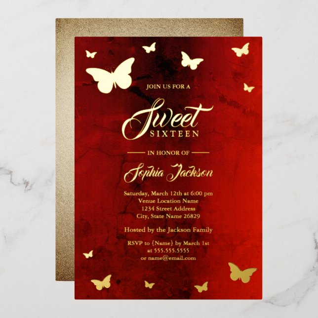 Invitation En Aluminium GOLD FOIL Rouge papillon doux 16 Parti (Recto/Verso)