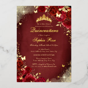 Invitation En Aluminium Gold Foil Royal Red Butterfly Floral Quinceanera