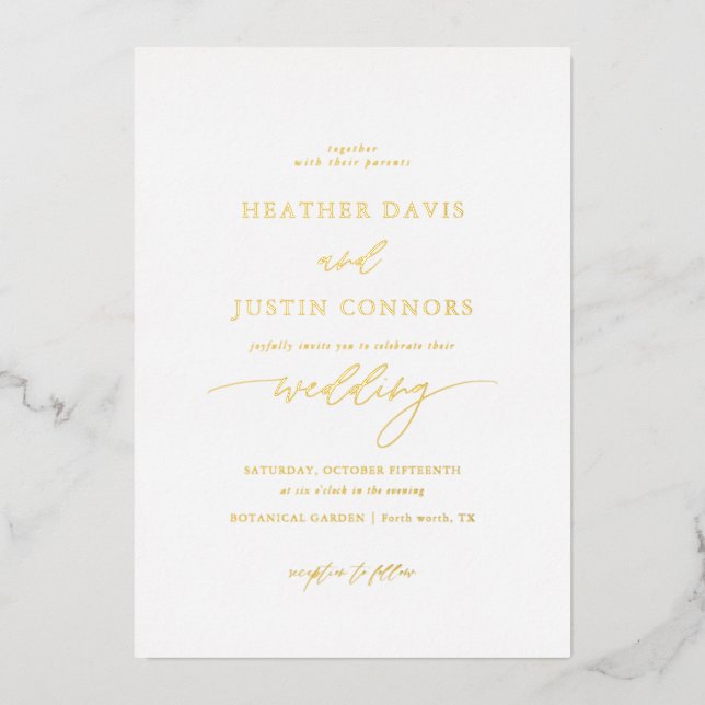 Invitation En Aluminium Gold Foil Rustique Calligraphie Mariage photo (Recto)