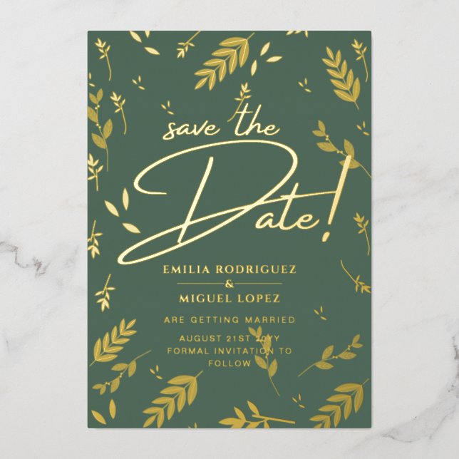 Invitation En Aluminium Gold Foil Sage Vert Feuilles Mariages Dave Date Fo (Recto)
