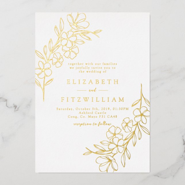 Invitation En Aluminium Gold Foil Simple Cherry Blooming Blossom Mariage (Recto)