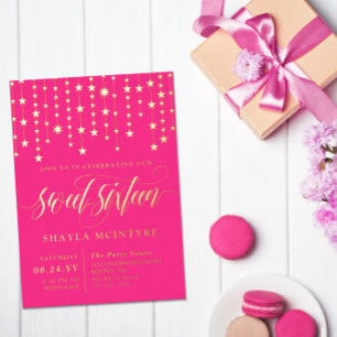 Invitation En Aluminium Gold Foil Stars Sweet sixteen rose chaud