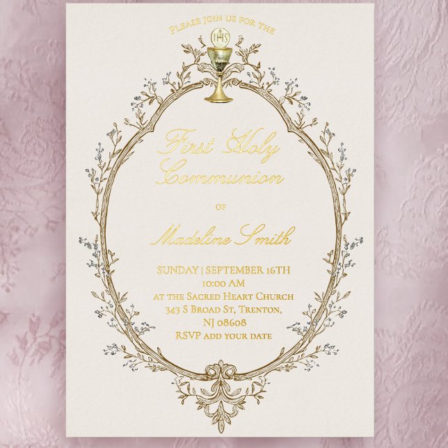 Invitation En Aluminium gold foil text first communion beige frame (Créateur téléchargé)
