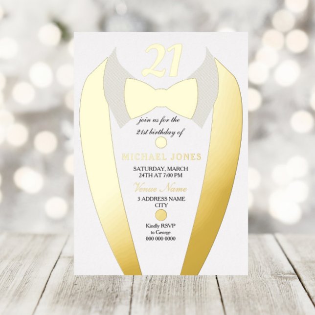 Invitation En Aluminium Gold Foil Tuxedo Suit Mens 21e fête d'anniversaire (Créateur téléchargé)