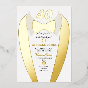 Invitation En Aluminium Gold Foil Tuxedo Suit Mens 40e fête d'anniversaire
