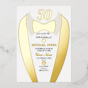 Invitation En Aluminium Gold Foil Tuxedo Suit Mens 50e fête d'anniversaire