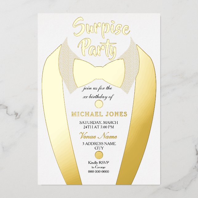 Invitation En Aluminium Gold Foil Tuxedo Suit Mens Surprise fête d'anniver (Recto)