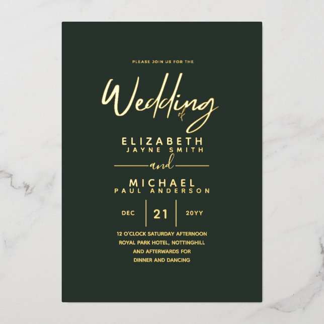 Invitation En Aluminium GOLD FOIL Vert foncé Moderne tout-en-1 Mariage Foi (Recto)