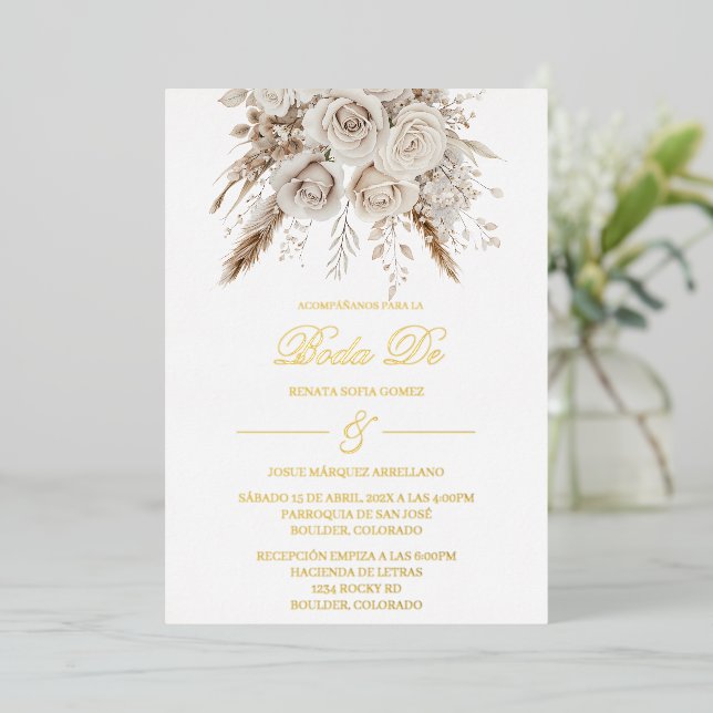 Invitation En Aluminium Gold foil white boho spanish (Debout devant)