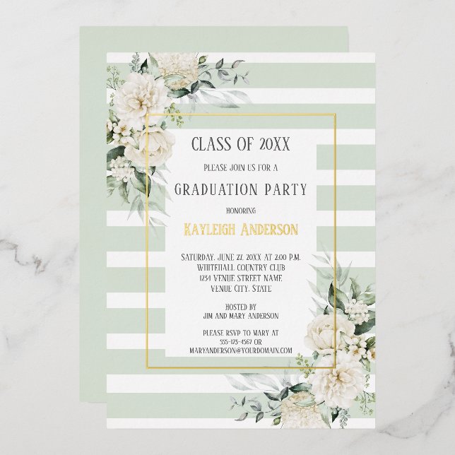 Invitation En Aluminium Gold Foil White Floral Eucalyptus Graduation Party (Recto/Verso)