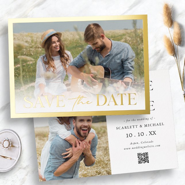 Invitation En Aluminium Gold Frame Enregistrer La Date (Gold Frame Save The Date Foil Invitation QR Code by Painted Paperie
)