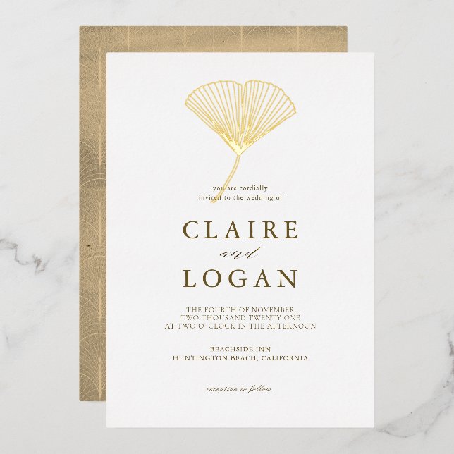 Invitation En Aluminium Gold Ginkgo Leaf mariage élégant (Recto/Verso)