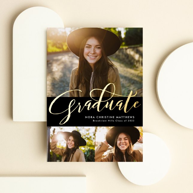 Invitation En Aluminium Gold Graduate trois photo noir diplôme (Créateur téléchargé)
