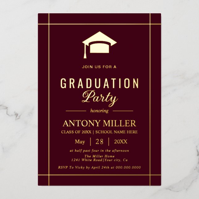 Invitation En Aluminium Gold graduation cap Class Of 2026 burgundy (Recto)