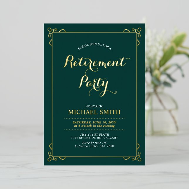 Invitation En Aluminium Gold & Green Elegant Classy Retraite Party (Debout devant)