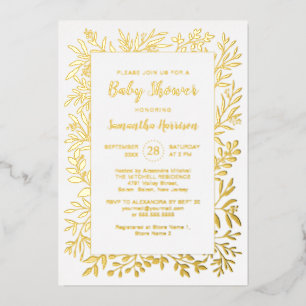 Invitation En Aluminium Gold Green Foliage Genre Baby shower neutre