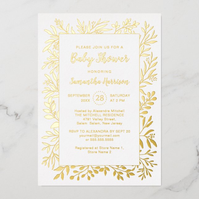 Invitation En Aluminium Gold Green Foliage Genre Baby shower neutre (Recto)